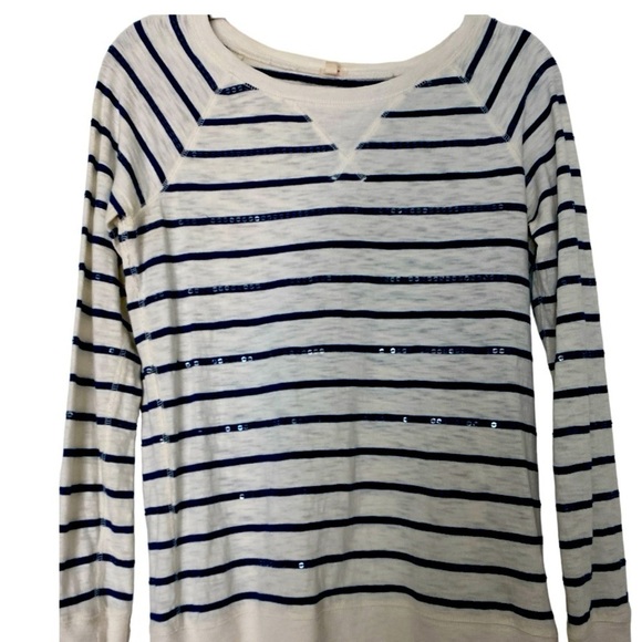 J Crew T-shirt, long sleeve, cream with blue stripes, clear sequins. Banded hem. - Picture 7 of 8